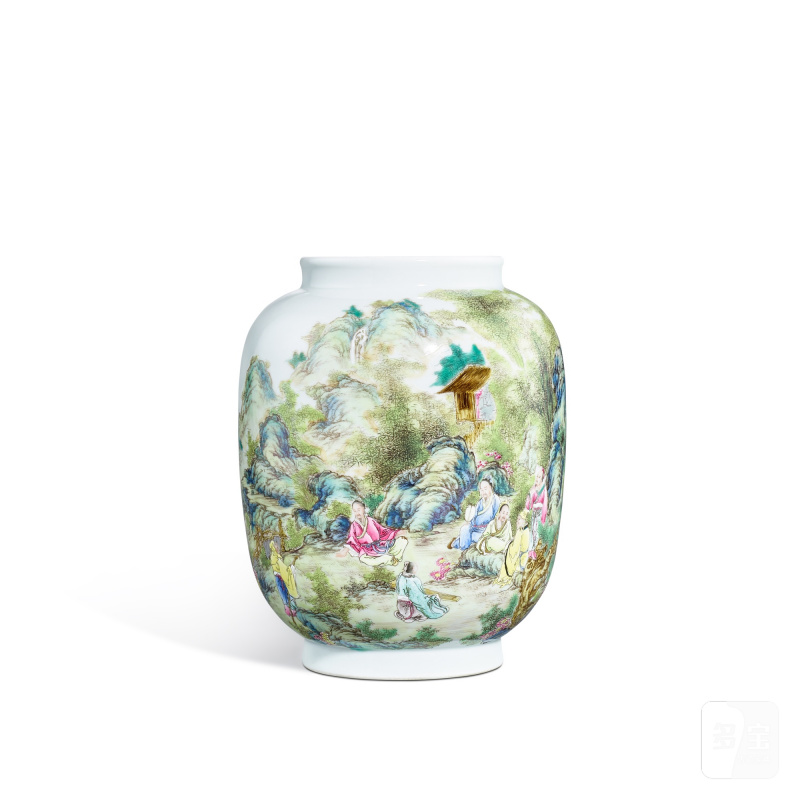 A famille-rose 'landscape' vase, Jingyuan Tang hall mark, Republican period | 民國 粉彩攜琴訪友圖燈籠瓶 《靜遠堂製》款